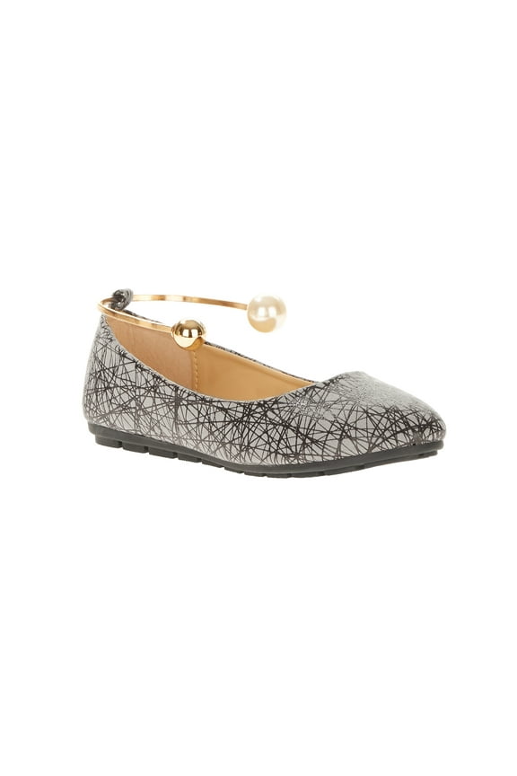 Women's Retro Print With Pearl And Gold Ornament Ankle Bracelet Ballet Flats