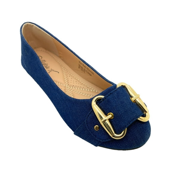 Victoria K Women's Round Buckle Patched Denim Ballerina Flats