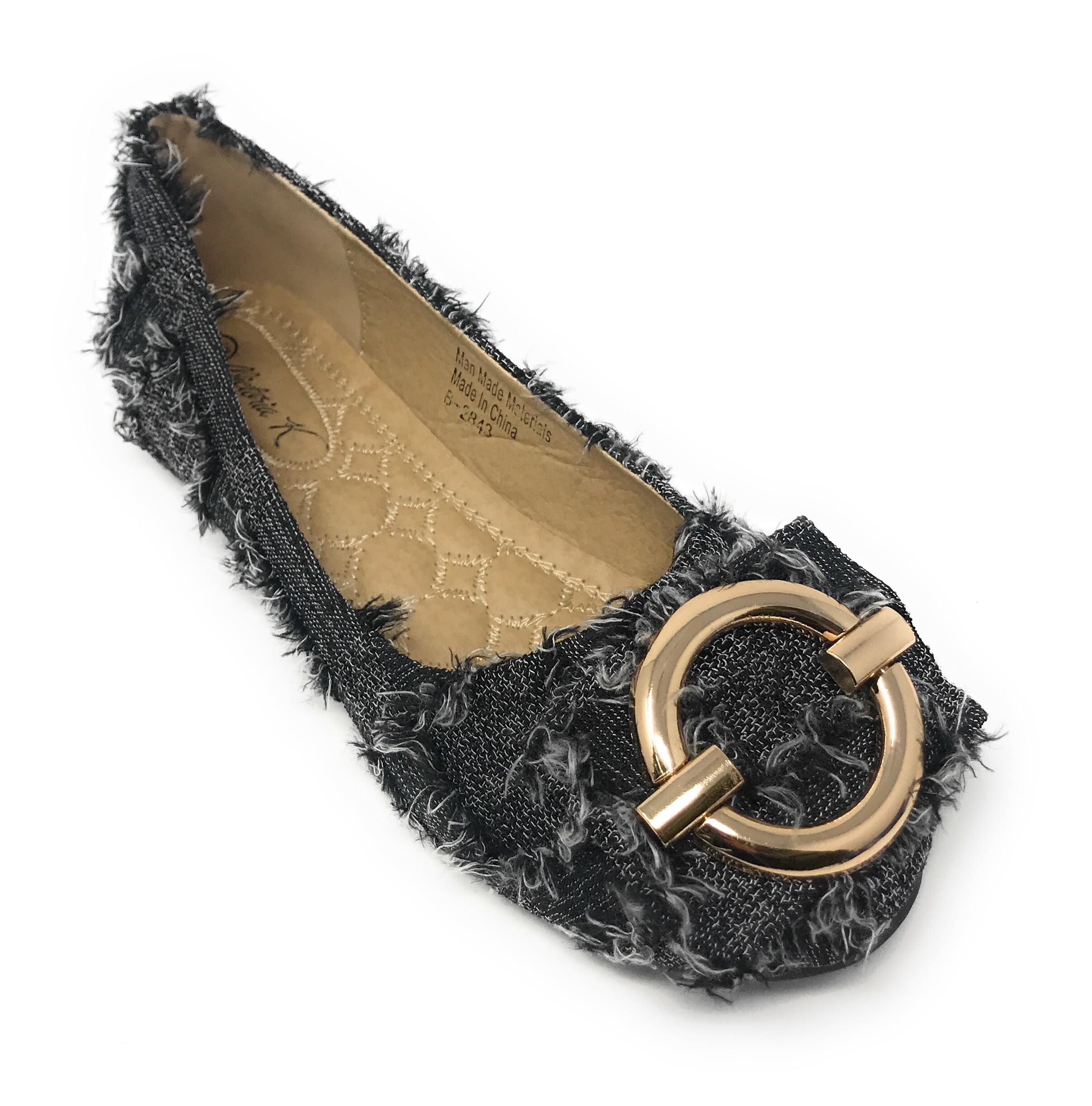Victoria K Women's Round Buckle Patched Denim Ballerina Flats