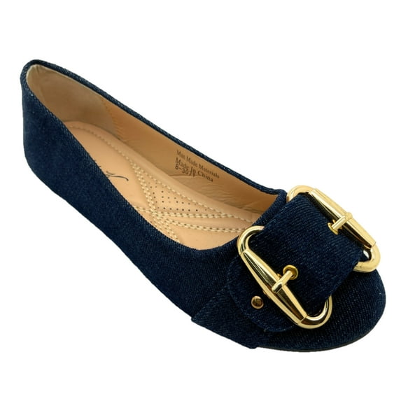 Victoria K Women's Round Buckle Patched Denim Ballerina Flats