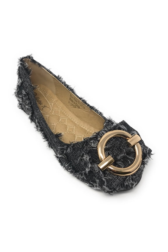 Women's Round Buckle Patched Denim Ballerina Flats