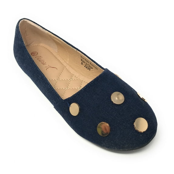 Victoria K Women's Round Gold Studs Denim Ballerina Flats