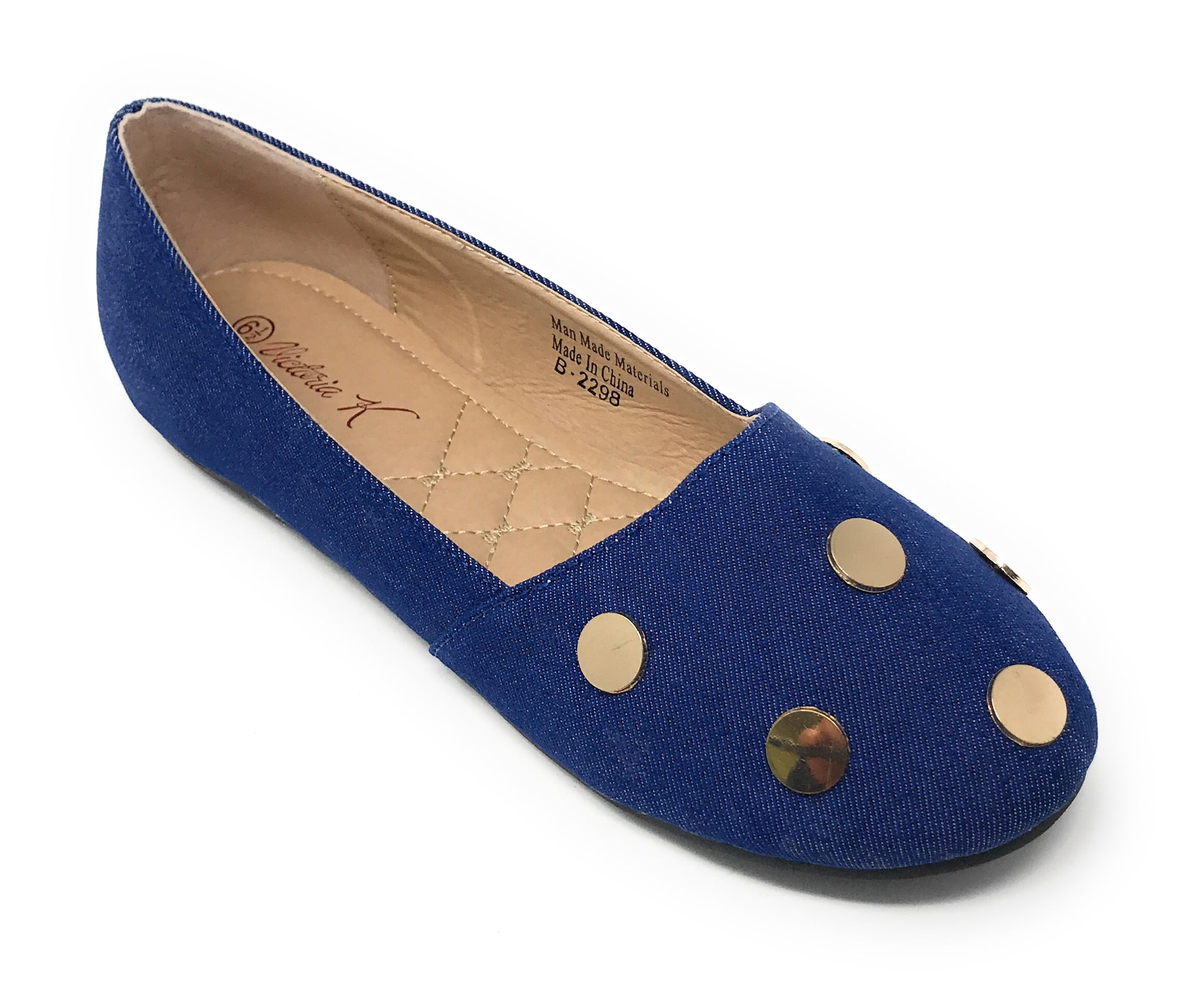 Victoria K Women's Round Gold Studs Denim Ballerina Flats