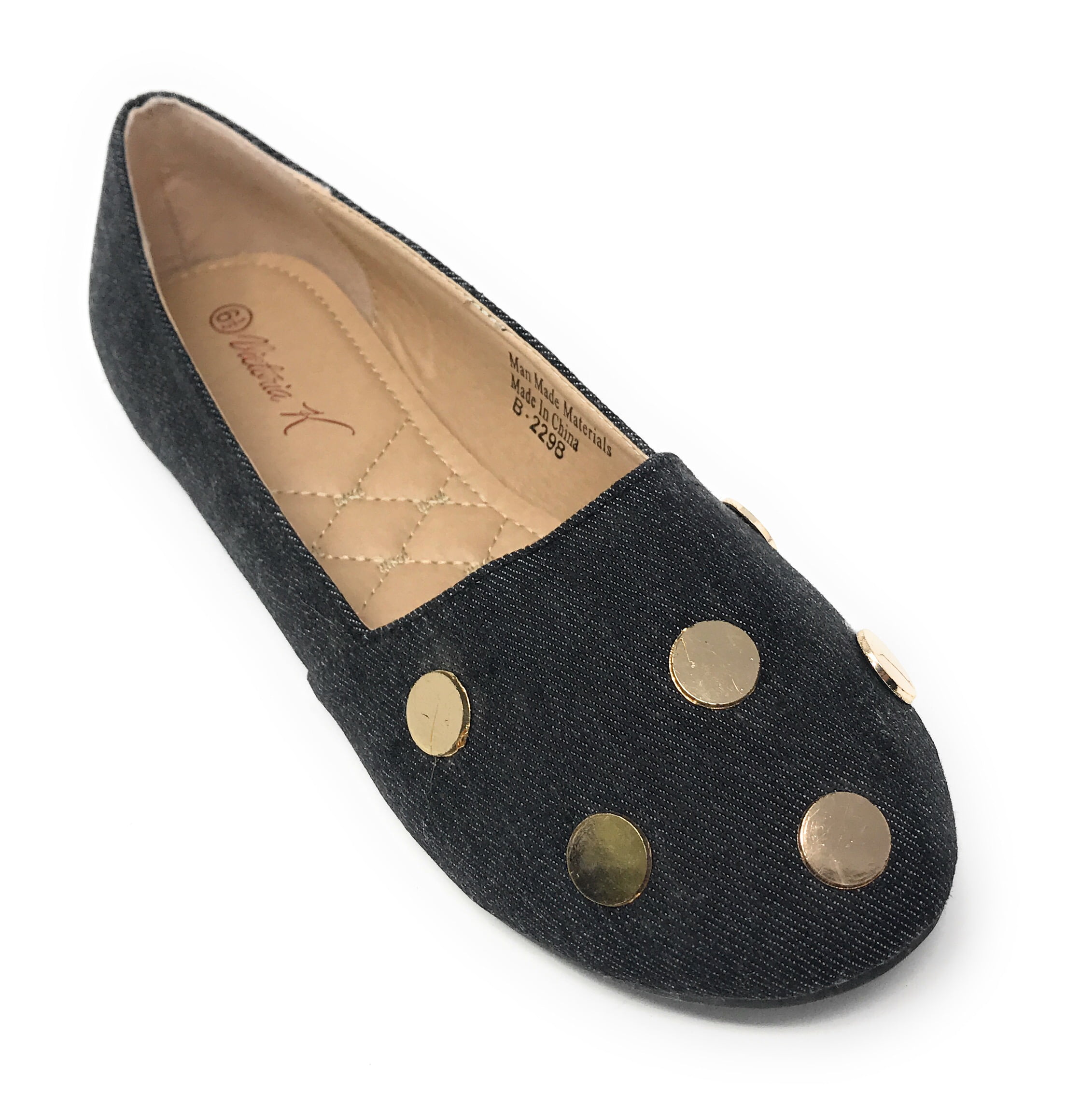 Victoria K Women's Round Gold Studs Denim Ballerina Flats