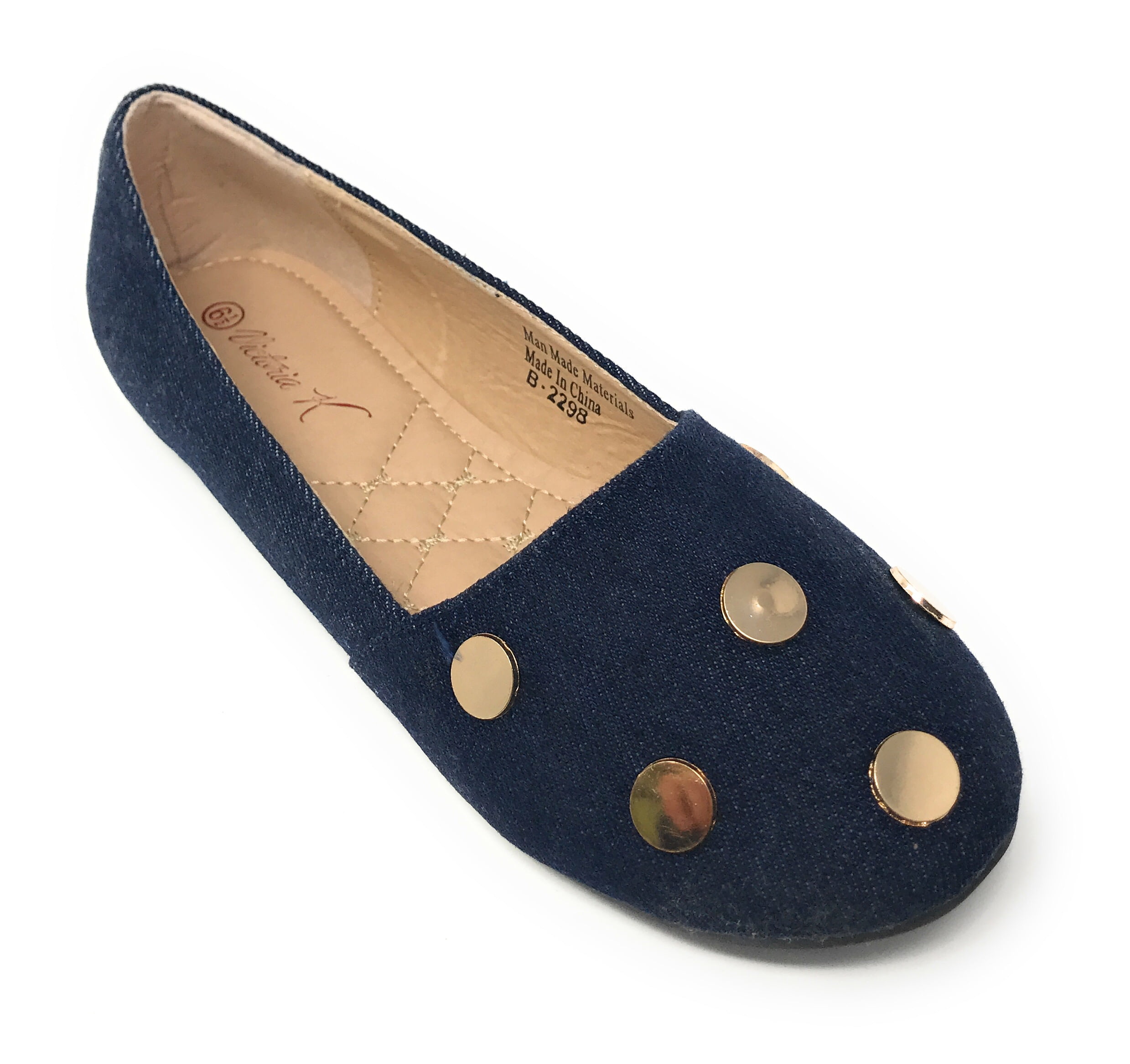 Victoria K Women's Round Gold Studs Denim Ballerina Flats