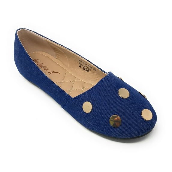 Victoria K Women's Round Gold Studs Denim Ballerina Flats
