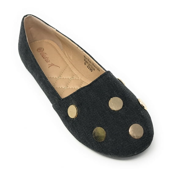 Victoria K Women's Round Gold Studs Denim Ballerina Flats