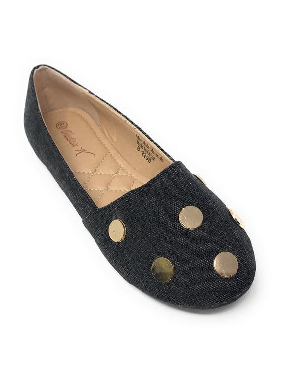 Women's Round Gold Studs Denim Ballerina Flats
