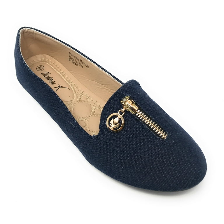 Victoria K Women s Slip on Denim With Mini Zipper Ballerina Flats Walmart