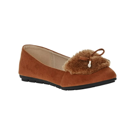 Victoria K Women's Soft Textured Material With Faux Fur Ornament And Gold Tip Bow Ballerina Flats