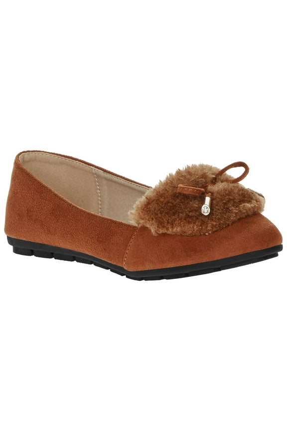 Women's Soft Textured Material With Faux Fur Ornament And Gold Tip Bow Ballerina Flats