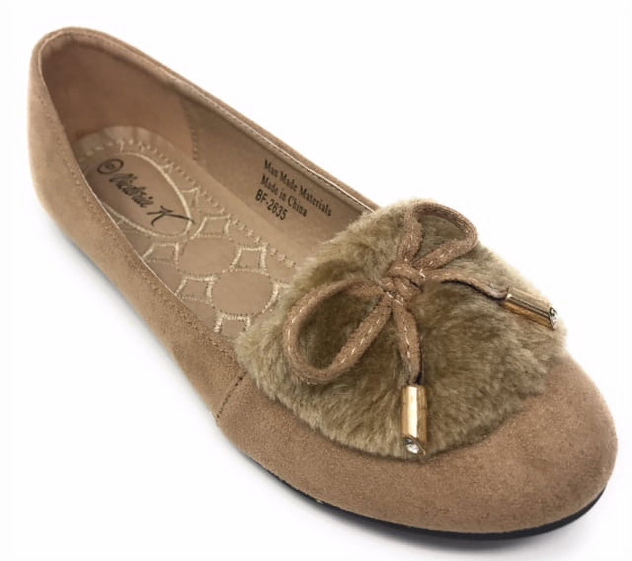 Victoria K Women's Soft Textured Material With Faux Fur Ornament And Gold Tip Bow Ballerina Flats
