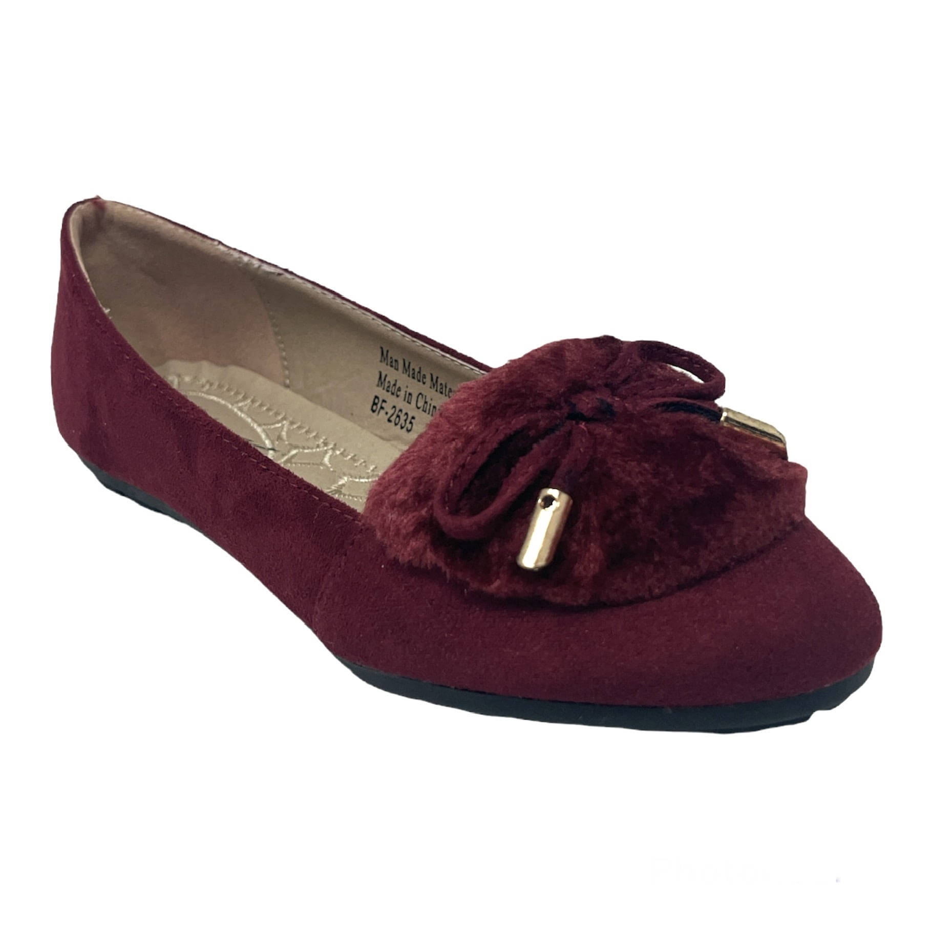 Victoria K Women's Soft Textured Material With Faux Fur Ornament And Gold Tip Bow Ballerina Flats