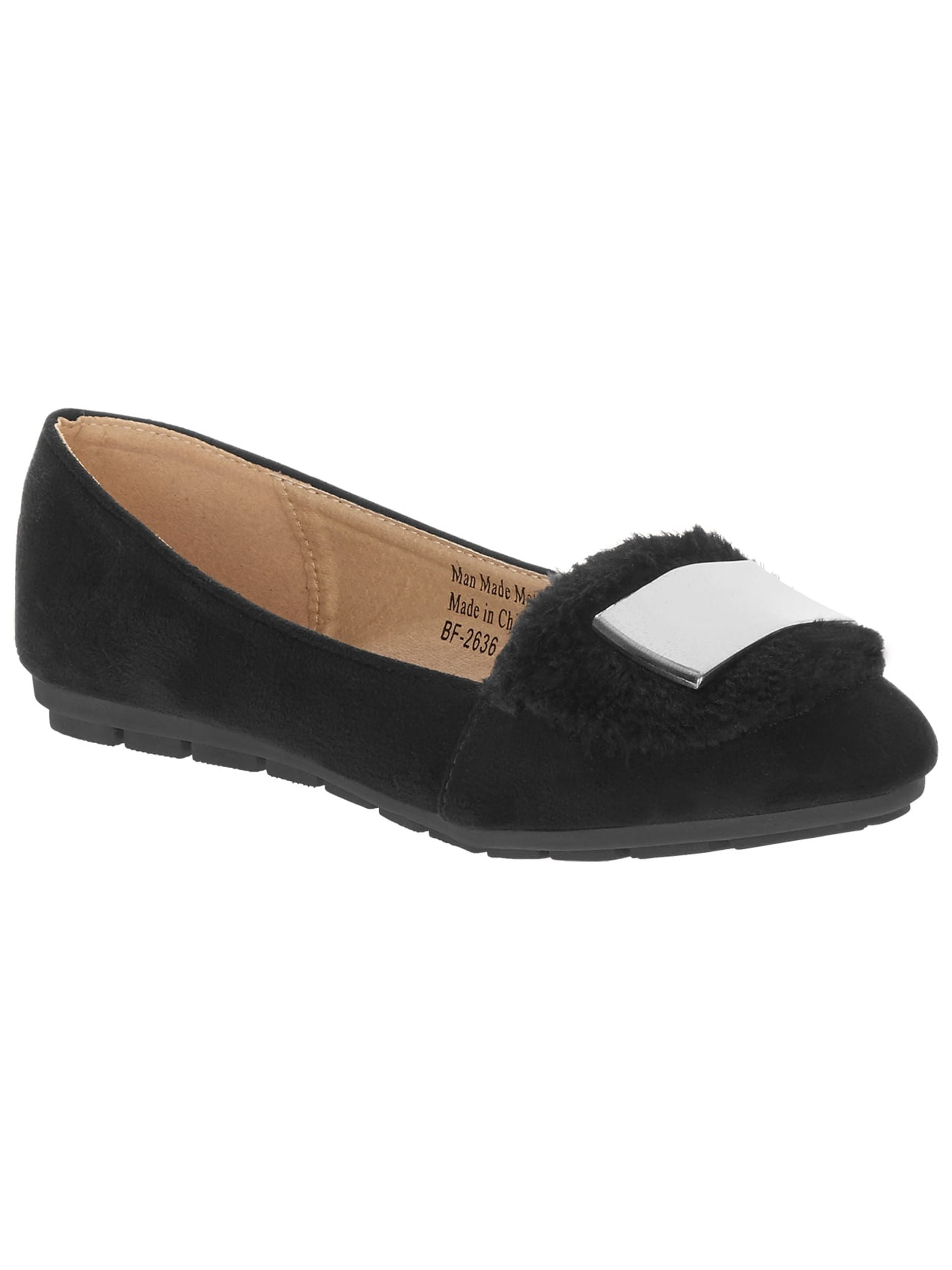 Victoria K Women's Soft Textured Material With Faux Fur Ornament And Solid Silver Placket Ballerina Flats