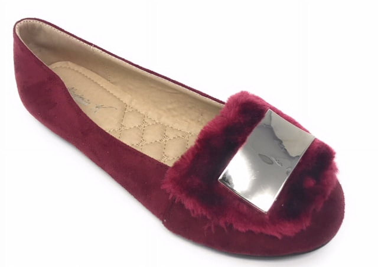 Victoria K Women's Soft Textured Material With Faux Fur Ornament And Solid Silver Placket Ballerina Flats