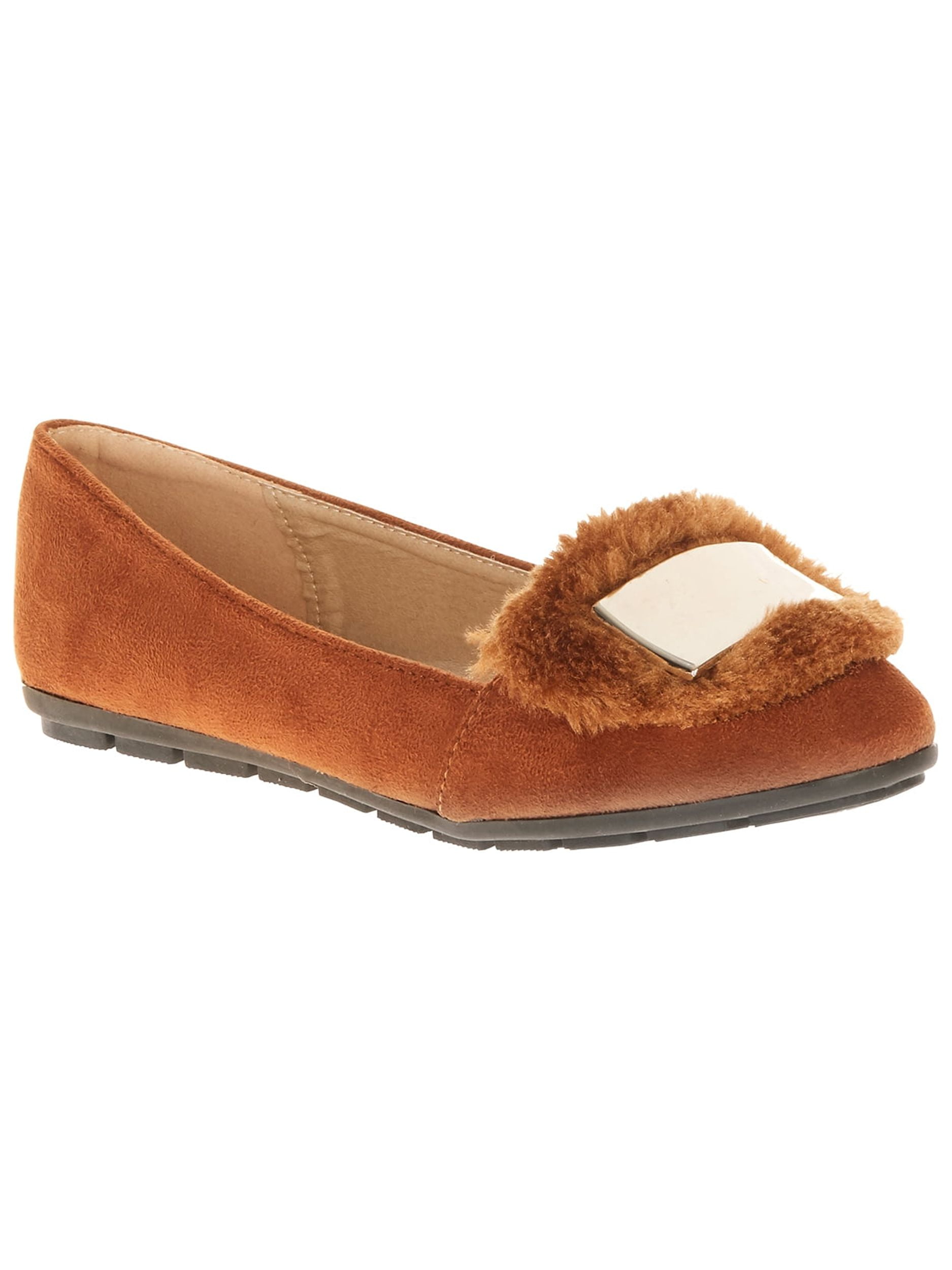 Victoria K Women's Soft Textured Material With Faux Fur Ornament And Solid Silver Placket Ballerina Flats