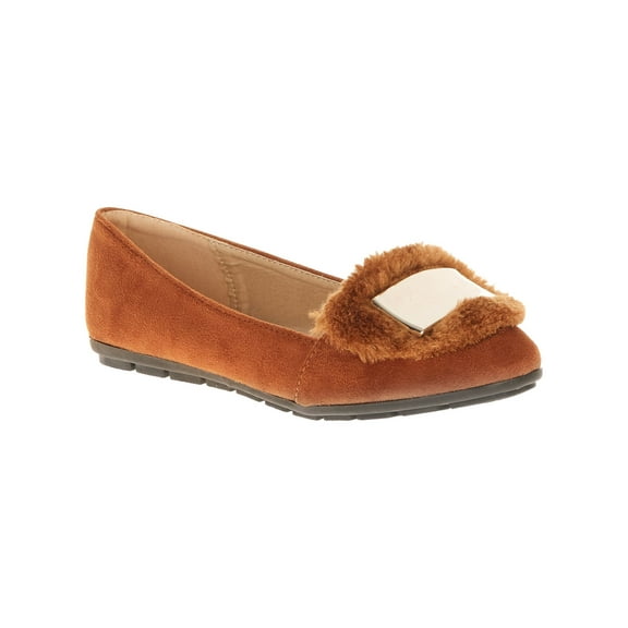 Victoria K Women's Soft Textured Material With Faux Fur Ornament And Solid Silver Placket Ballerina Flats