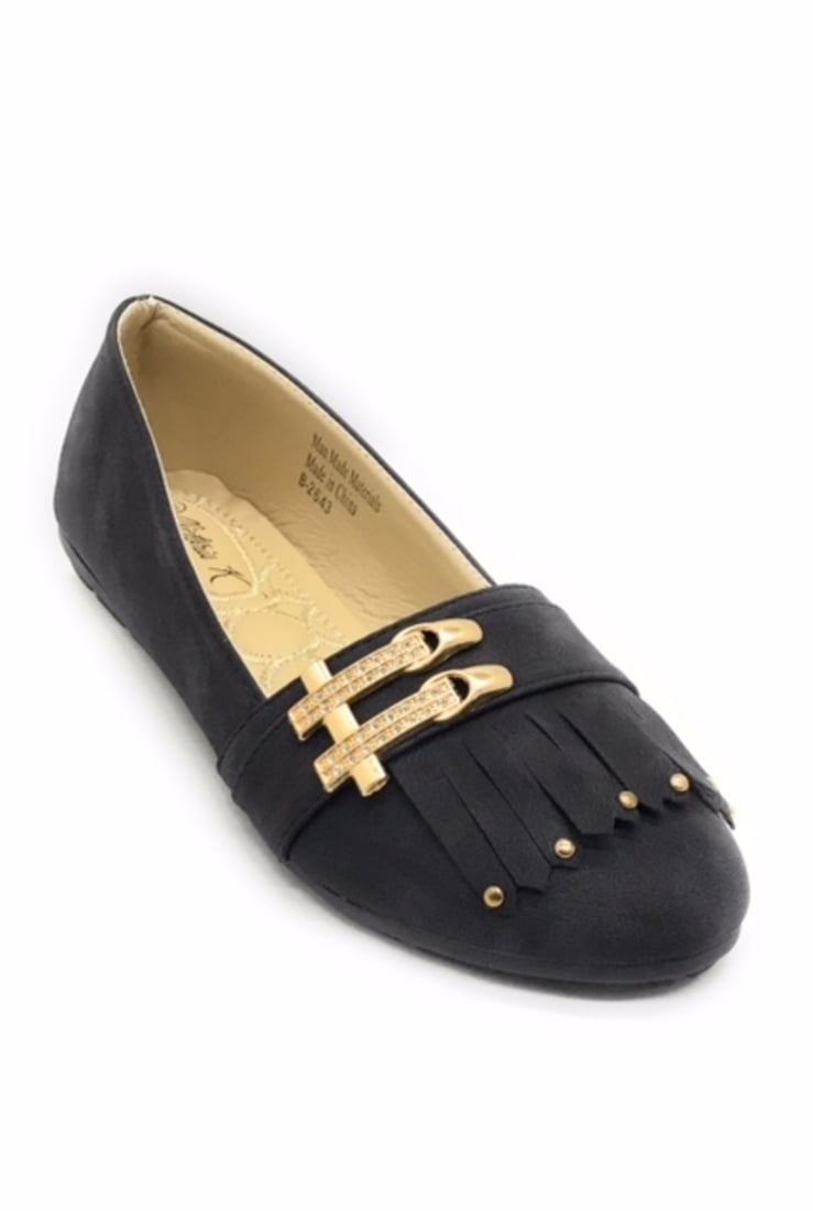 Victoria K Women's Soft Textured Material With Side Buckle Ornament And Fringes Ballerina Flats