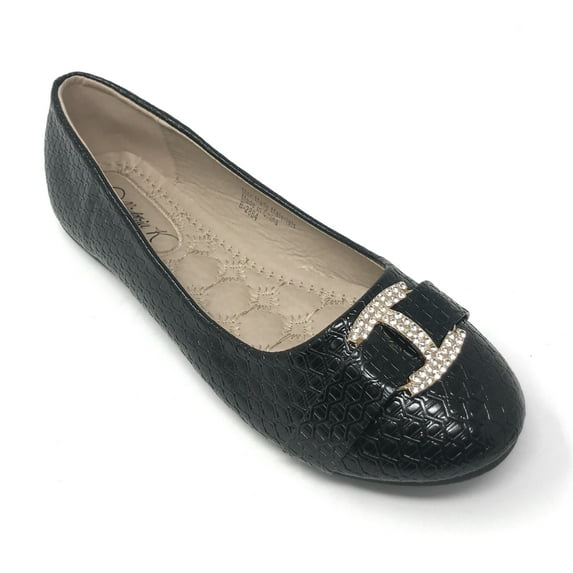 Victoria K Women's Textured Rhinestone Studded Gold Buckle Ballerina Flats