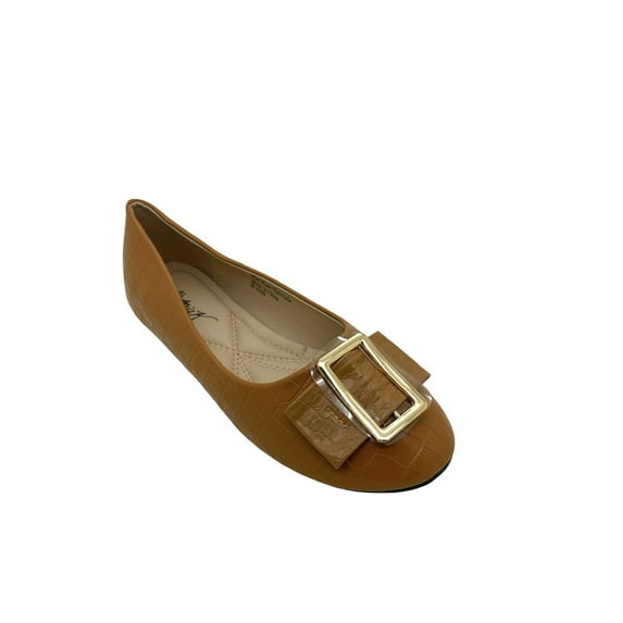 Victoria K Women's Textured Rhinestone Studded Gold Buckle Ballerina Flats