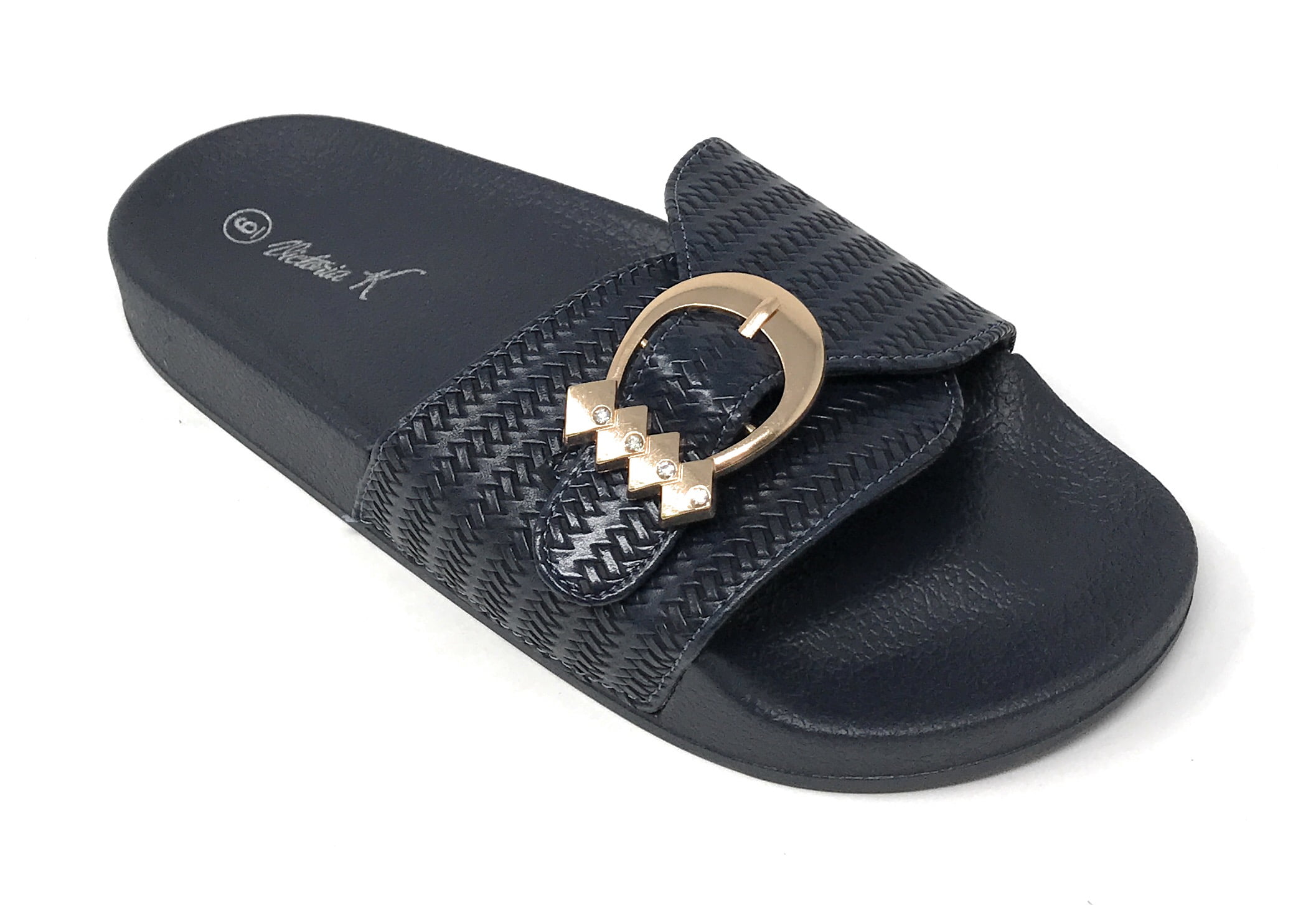 Victoria K Women's Weaved Texture Gold Buckle Slider Sandals