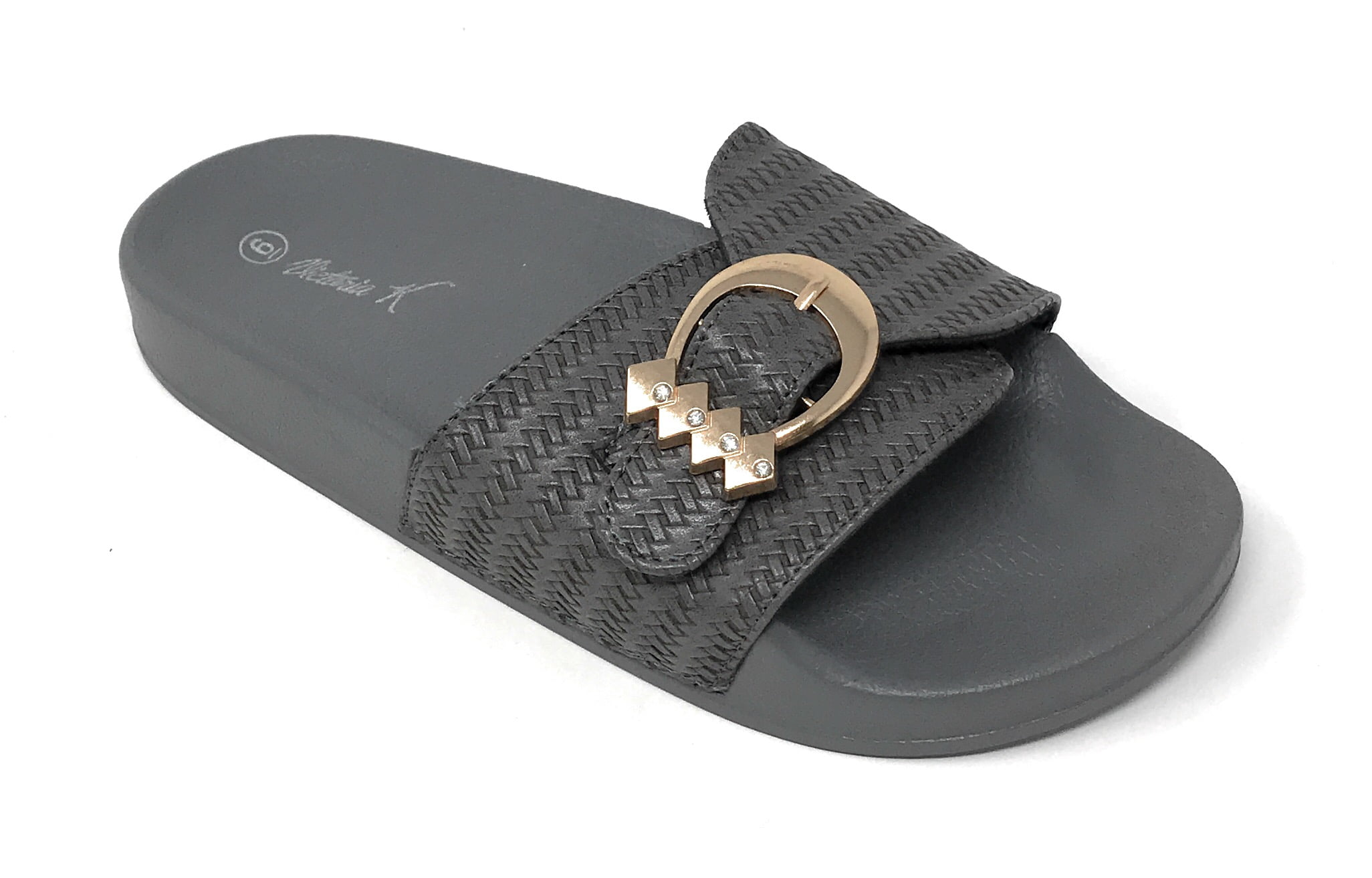 Victoria K Women's Weaved Texture Gold Buckle Slider Sandals