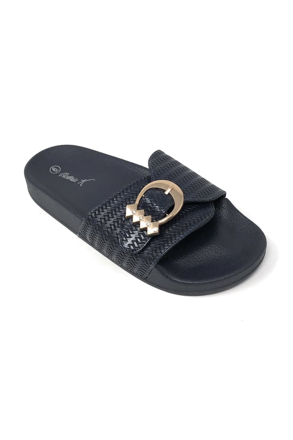 Women's Weaved Texture Gold Buckle Slider Sandals