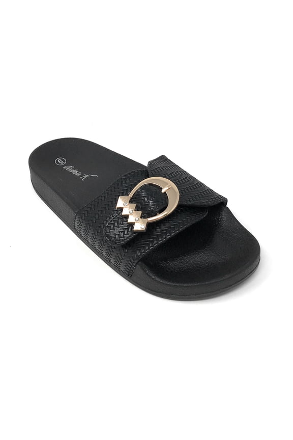 Women's Weaved Texture Gold Buckle Slider Sandals