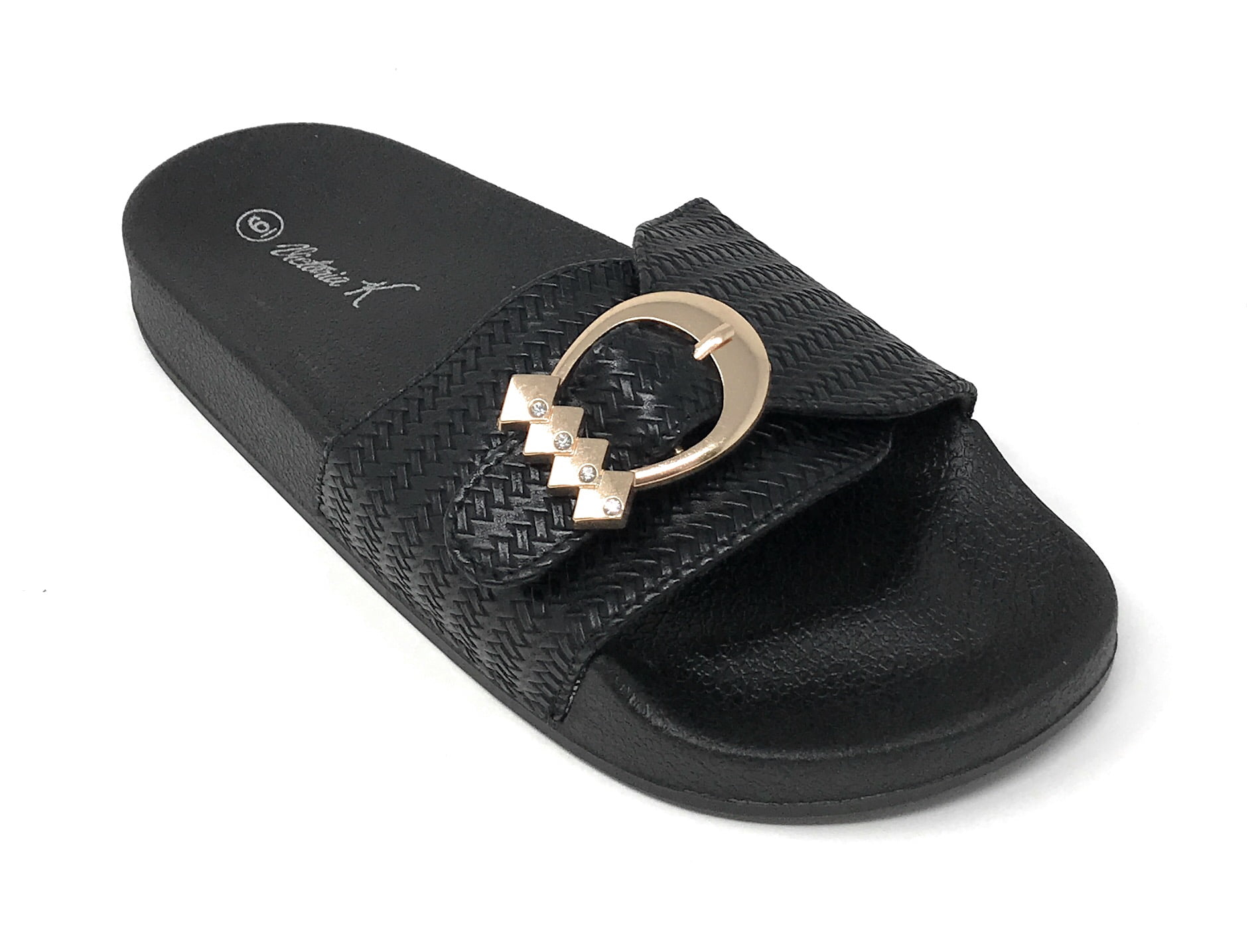 Victoria K Women's Weaved Texture Gold Buckle Slider Sandals