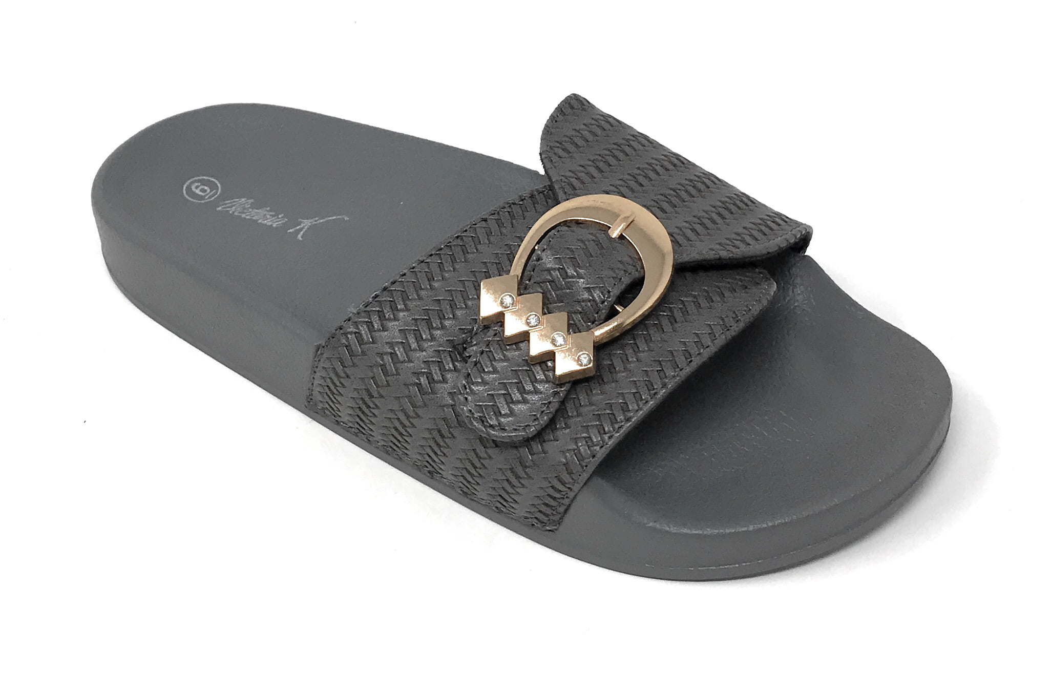 Victoria K Women's Weaved Texture Gold Buckle Slider Sandals