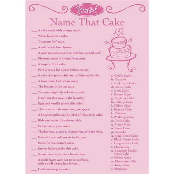 Victoria Lynn Bridal Game Sheets 50/Pkg-Name That Cake