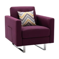 Victoria Purple Linen Fabric Armchair with Metal Legs Side Pockets and Pillow