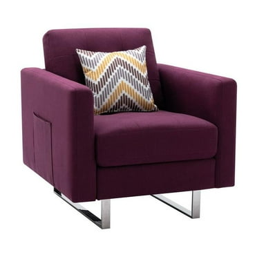 Victoria Purple Linen Fabric Armchair with Metal Legs Side Pockets and Pillow