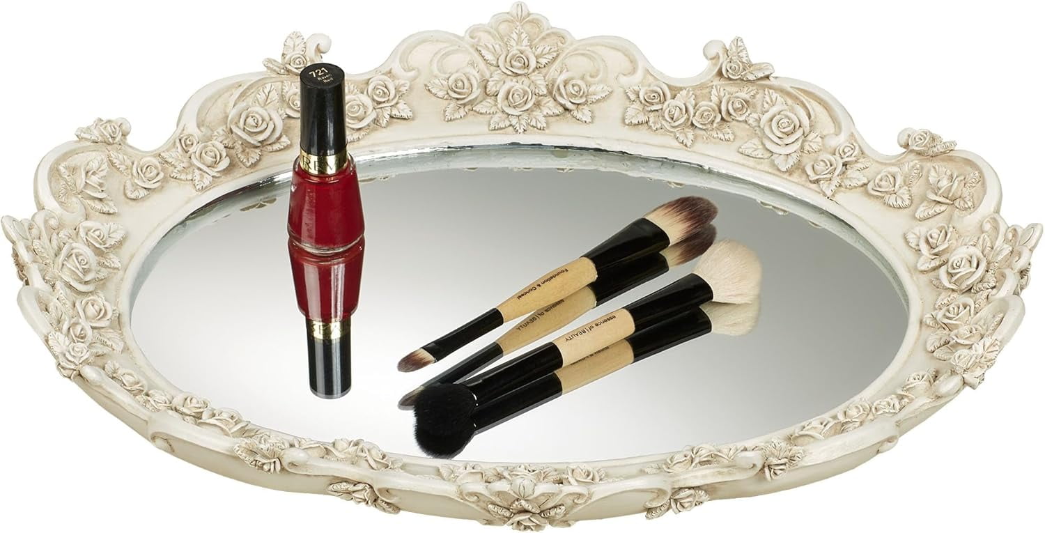 Victoria Rose Antique Ivory Mirrored Vanity Tray - 17x13 Inch Handpainted Resin Tray