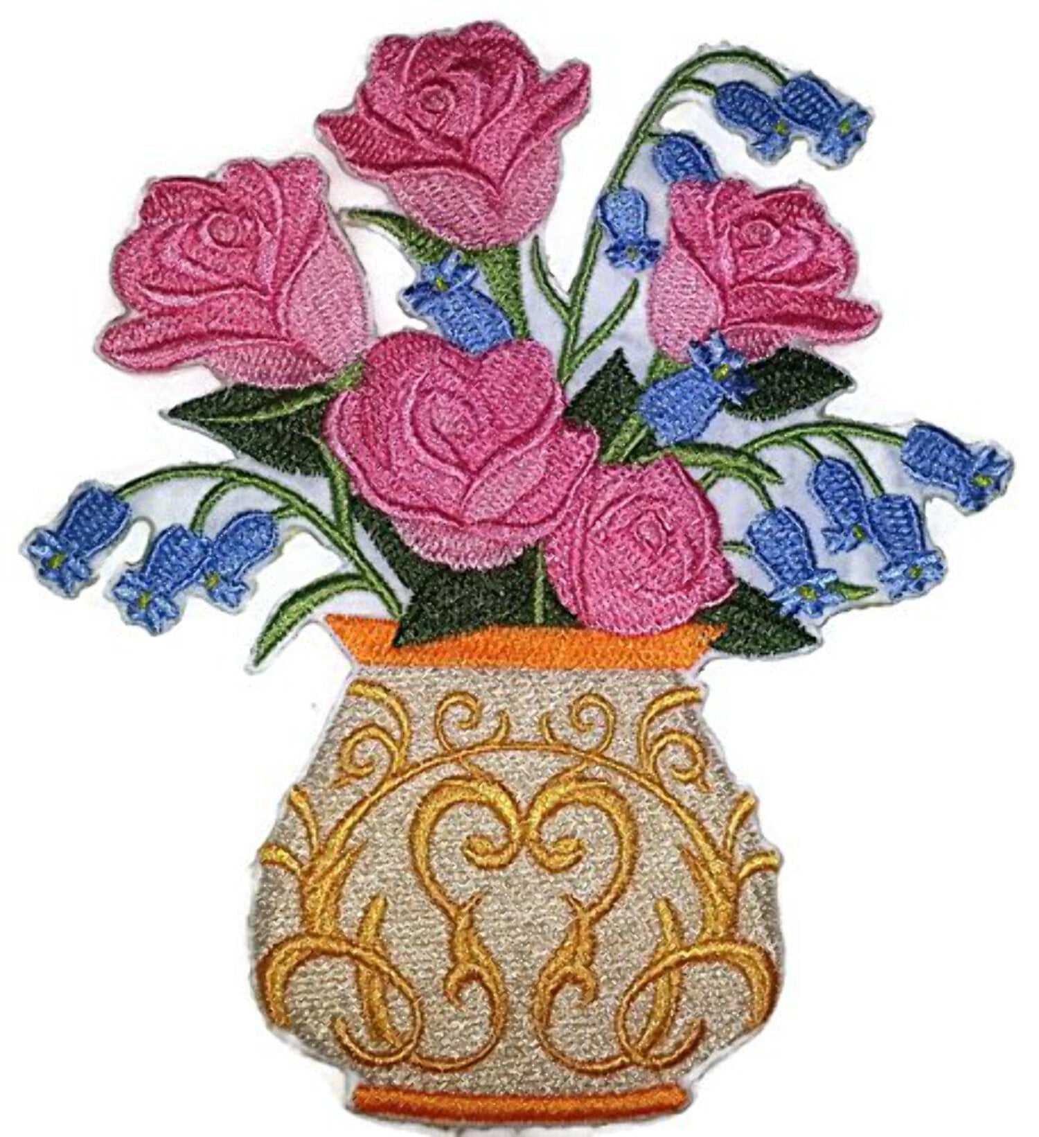 Custom and Unique Blooms Flowers with Vase [Victoria Rose and Blue Bells] Embroidered Iron on/Sew Patch (5.44" x 4.82") [Made in USA]