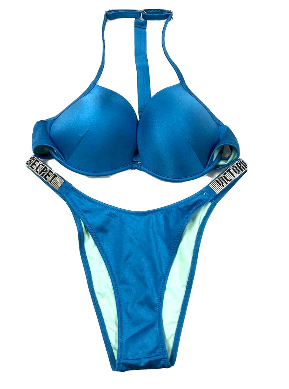 Victoria's Secret 34DDD BRA SET M strappy panty Black Metallic NAVY BLUE  foil