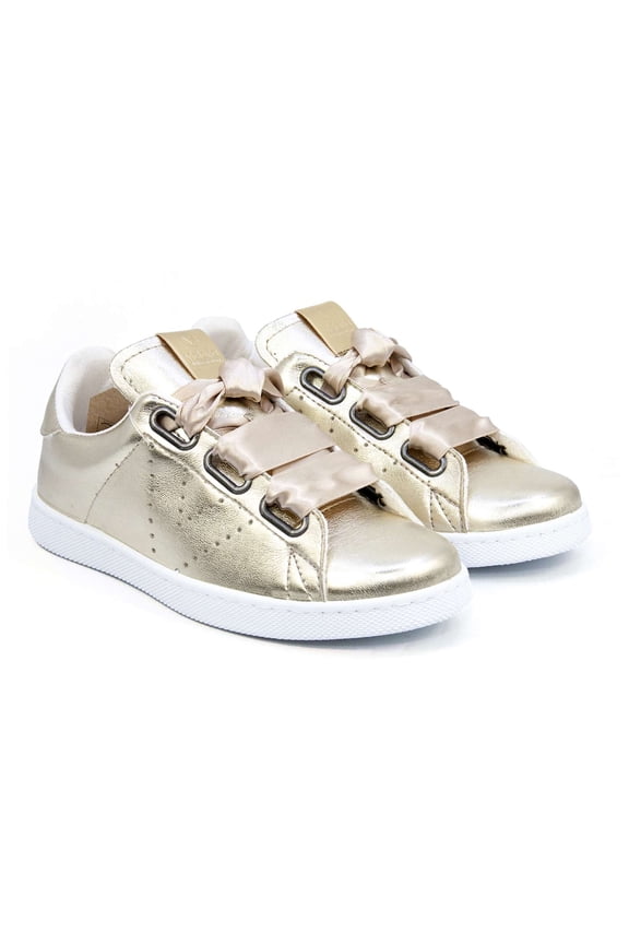 Women's Ribbon Bow Leather Sneakers, Gold,6 M US