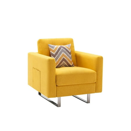 Victoria Yellow Linen Fabric Armchair with Metal Legs Side Pockets and Pillow