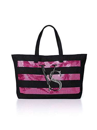 Victoria's Secret Black Canvas Tote Bag with Pink Sequin Stripes