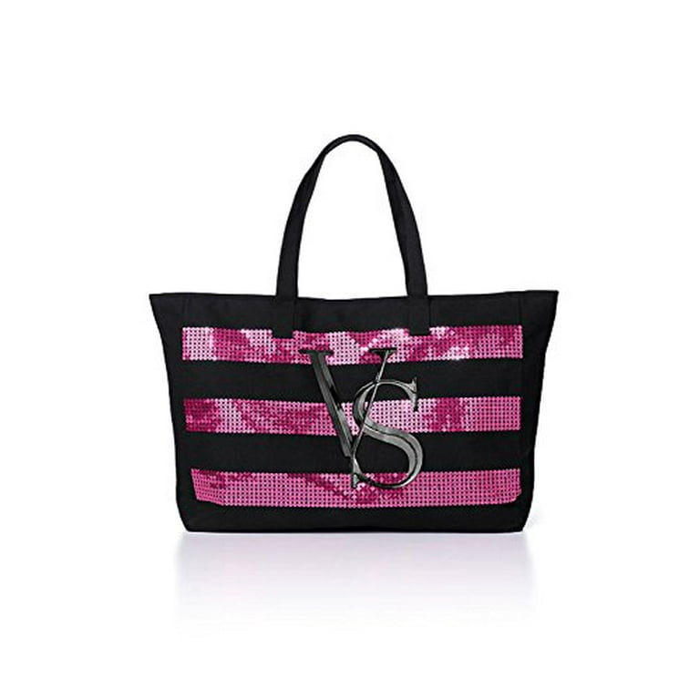 Victoria Secret Black and Pink Striped Canvas Shopper Tote 