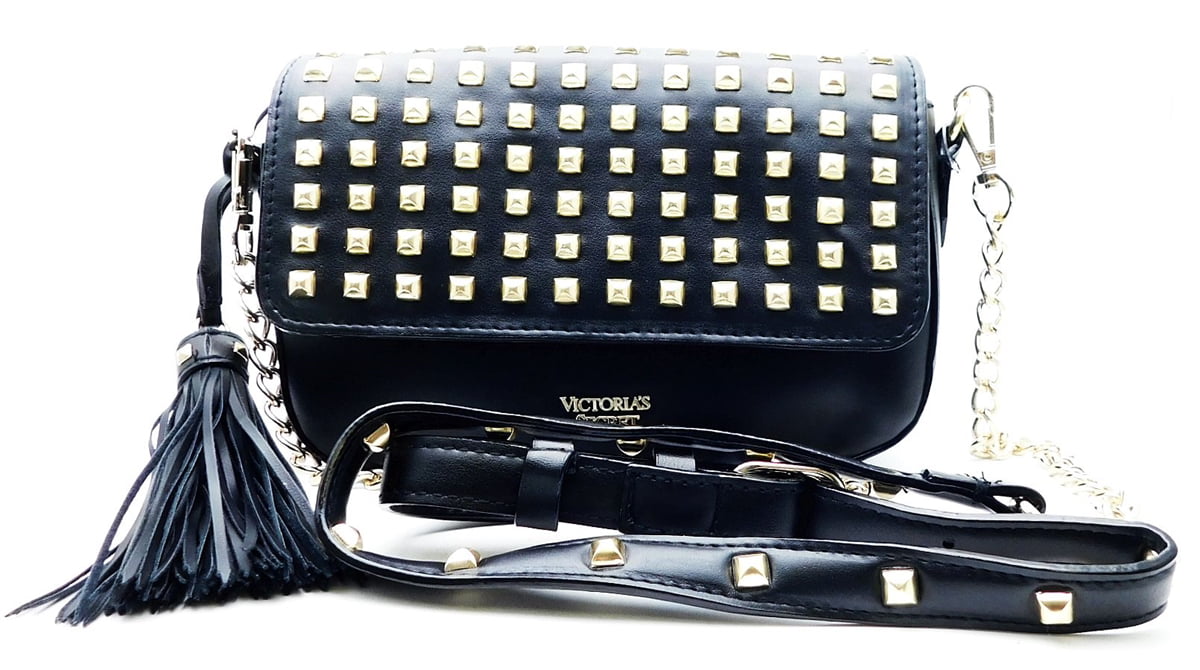 Victoria's Secret Black and Gold Studded Over Shoulder Purse with Snap  Closure 
