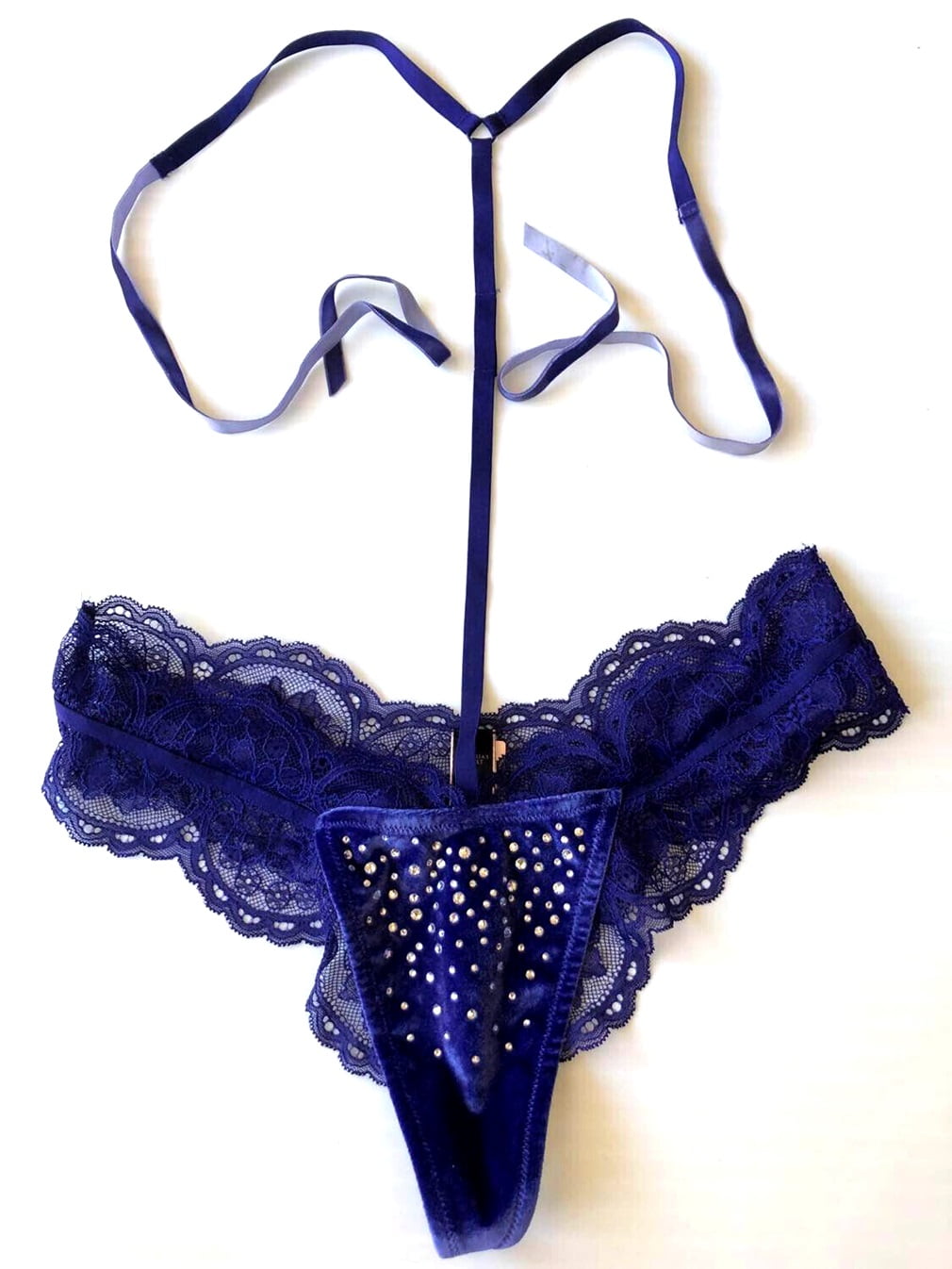 Victoria's Secret Bling Rhinestone Velvet Lace Strappy Thong Panty Color Night Ocean Blue Size Medium NWT
