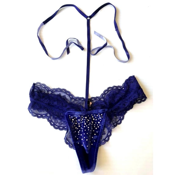 Victoria's Secret Bling Rhinestone Velvet Lace Strappy Thong Panty Color Night Ocean Blue Size Medium NWT