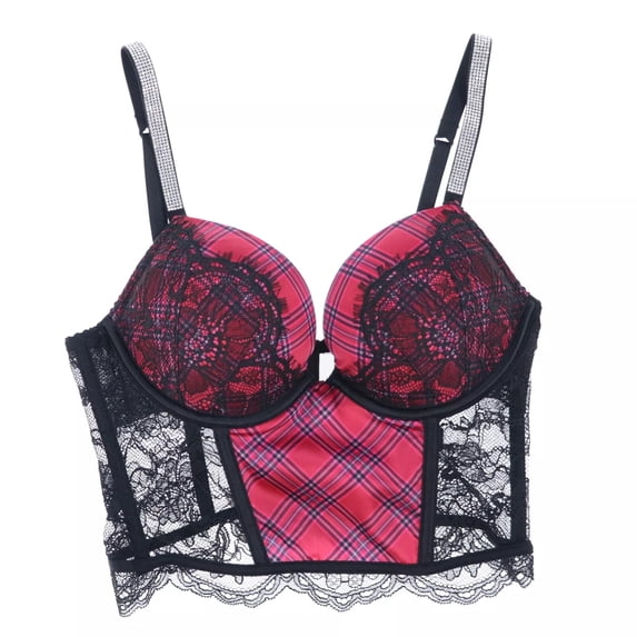 Victoria's Secret Bombshell Add 2 Cups Push Up Longline Bra with Black Lace and Red Plaid - Size 32B