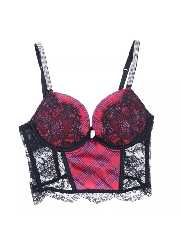 Bombshell Add 2 Cups Push Up Longline Bra with Black Lace and Red Plaid - Size 32B
