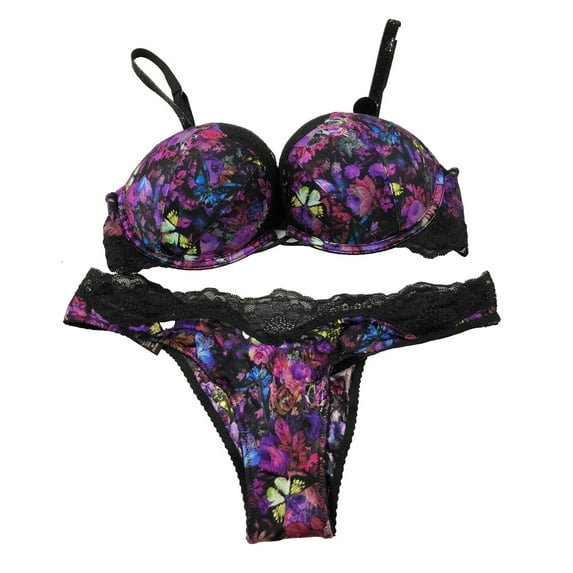 Victoria's Secret Bombshell Add-2-Cups Push-up Bra Rhinestone Strap 2 Piece Set Purple Floral Butterfly Cup Size 36C Brazilian Panty NWT