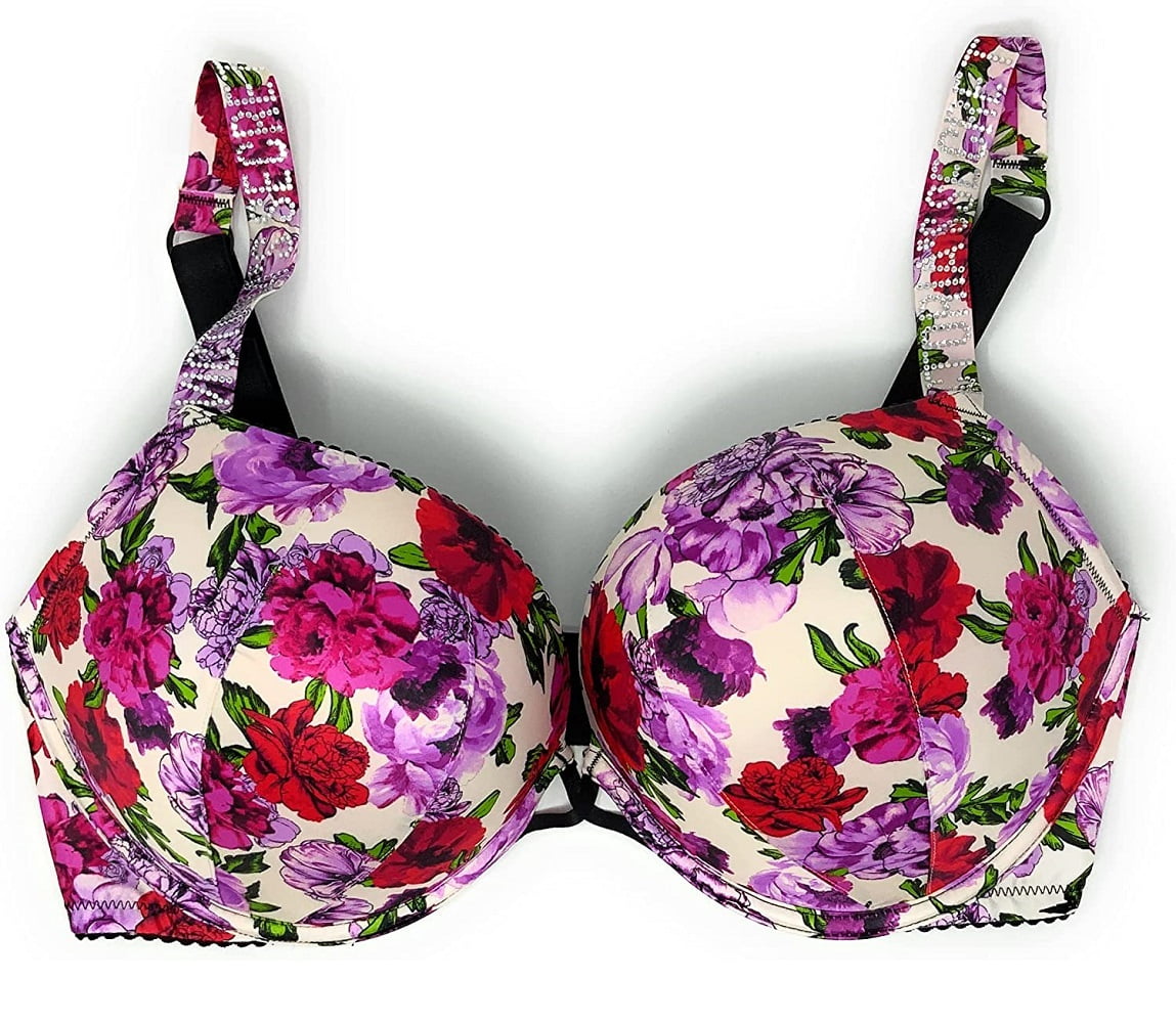 Victoria's Secret Bombshell Add-2-Cups Push-up Bra Rhinestone Strap Logo  White Summer Floral Cup Size 38D New