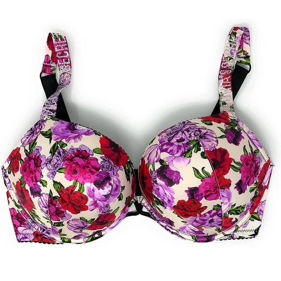 Victoria's Secret Bombshell Add-2-Cups Push-up Bra Rhinestone Strap Logo White Summer Floral Cup Size 38D New