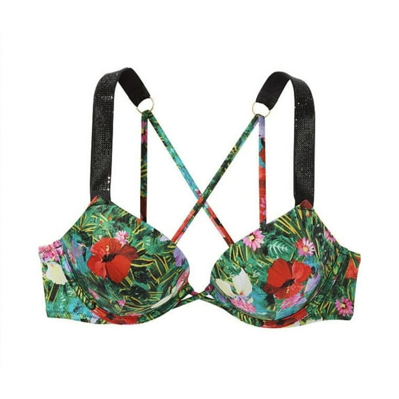 Victoria's Secret Bombshell Add 2 Cups Size Shine Rhinestone Strap Bikini Swim Top Tropical Floral Size 38D NWT