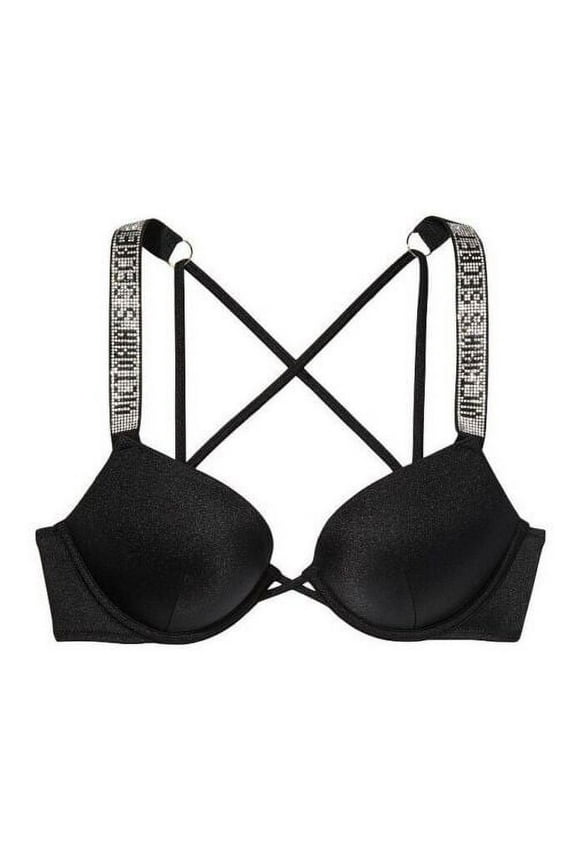 Bombshell Add 2 Cups Size Shine Strap Bikini Swim Top Rhinestone Logo Black Size 32C NWT